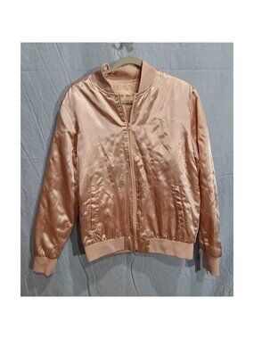 Lady Gaga Womens Satin Bomber Jacket Solid Pink Full Zip Embroidered Front L NWT